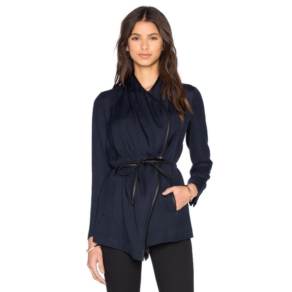 Vince Coastal Blue Leather Trim Rayon Drape Neck Jacket V335190867 Nwt Size 14